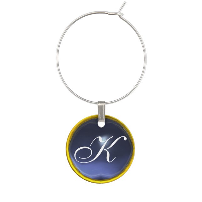 GOLD BLUE TOPAZ GEM MONOGRAM WINE CHARM (Front)
