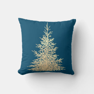 Gold  blue tree winter evergreen damask pattern throw pillow