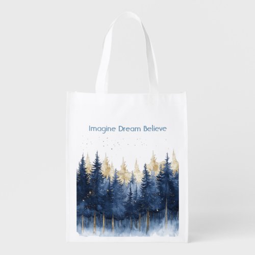 Gold Blue Trees Imagine Dream Believe   Grocery Bag