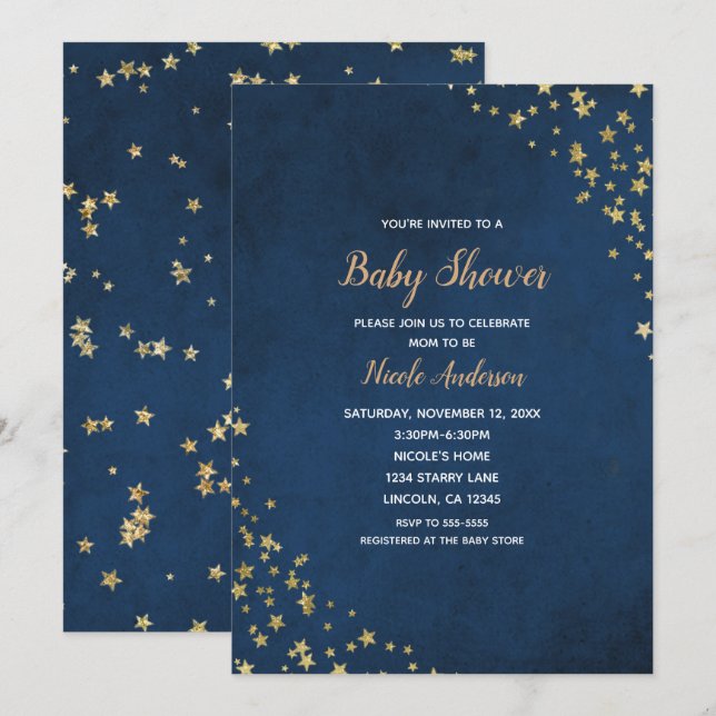 Gold & Blue Twinkle Stars Celestial Baby Shower Invitation (Front/Back)