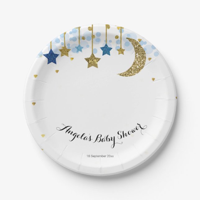 Gold Blue twinkle twinkle Baby Show Paper Plate (Front)