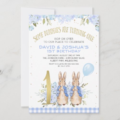 Gold Blue Twins Floral Peter Rabbit 1st Birthday Invitation