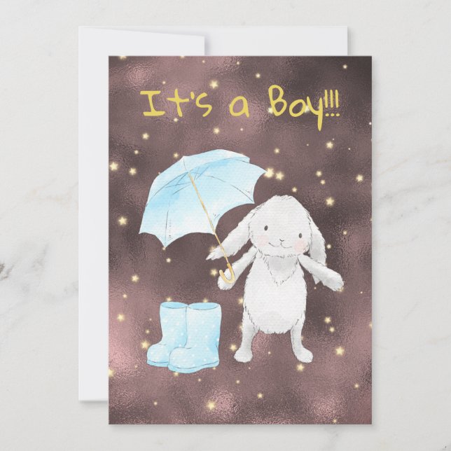*~* Gold Blue Umbrella Shower Bunny Boy Invitation (Front)