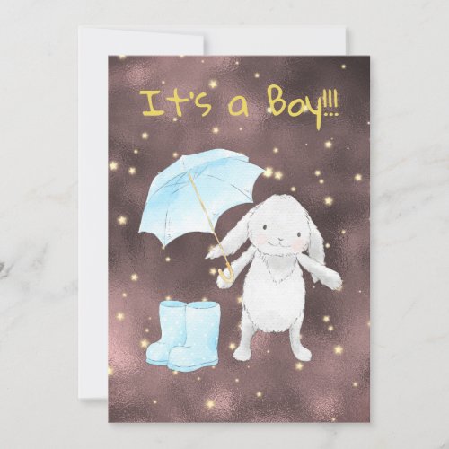  Gold Blue Umbrella Shower Bunny Boy Invitation