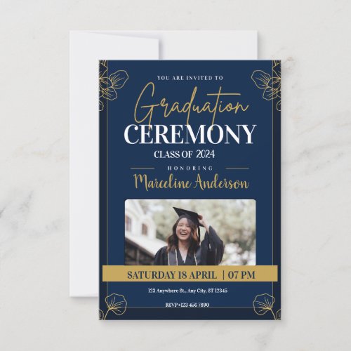 Gold Blue Vintage Classic Graduation  Invitation