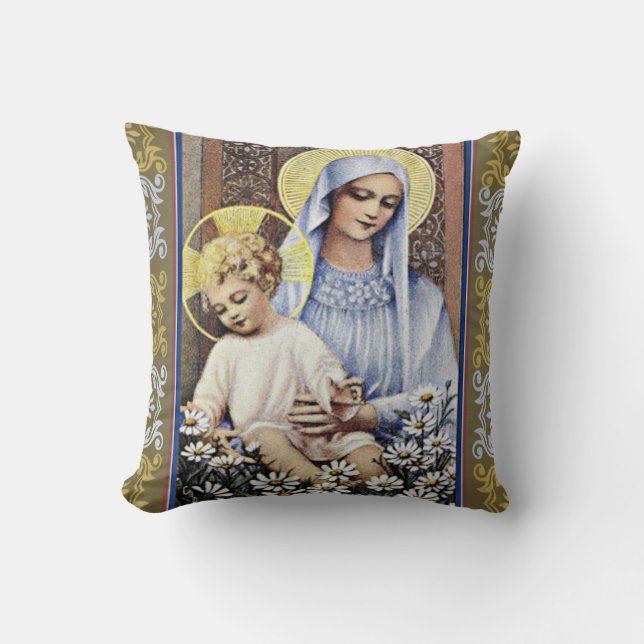 Gold/Blue Virgin holding Baby Jesus with border Throw Pillow (Front)