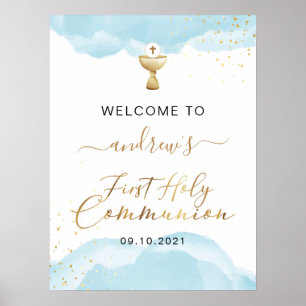 Gold & Blue Watercolor 1st Holy Communion Welcome Poster
