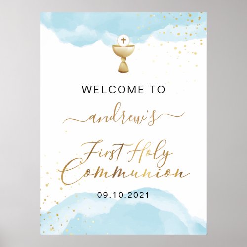 Gold  Blue Watercolor 1st Holy Communion Welcome Poster