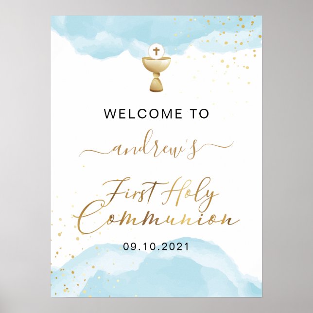 Gold & Blue Watercolor 1st Holy Communion Welcome Poster (Front)