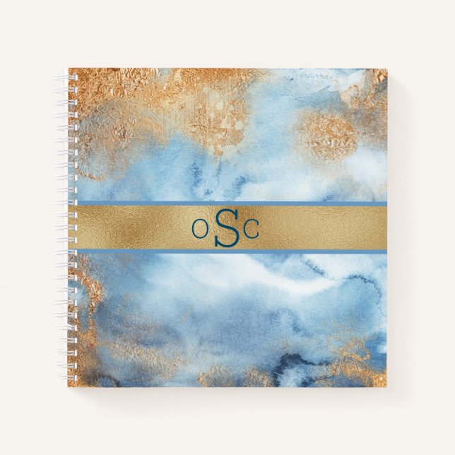 Gold Blue Watercolor Abstract Monogram Sketch Notebook (Front)