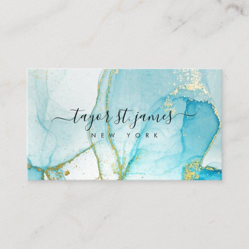 Gold Blue Watercolor Calligraphy Painting Splatter Business Card