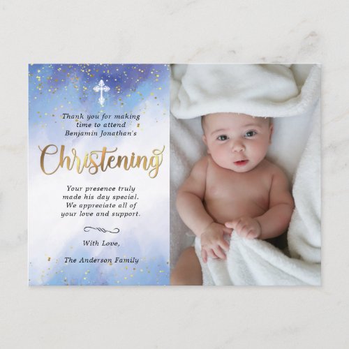 Gold  Blue Watercolor Christening Photo Thank You Postcard