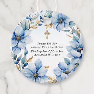 Gold & Blue Watercolor Floral Baptism Thank You Favor Tags