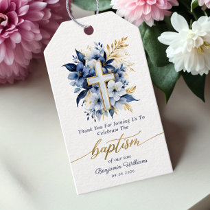 Gold & Blue Watercolor Floral Boy Baptism  Gift Tags