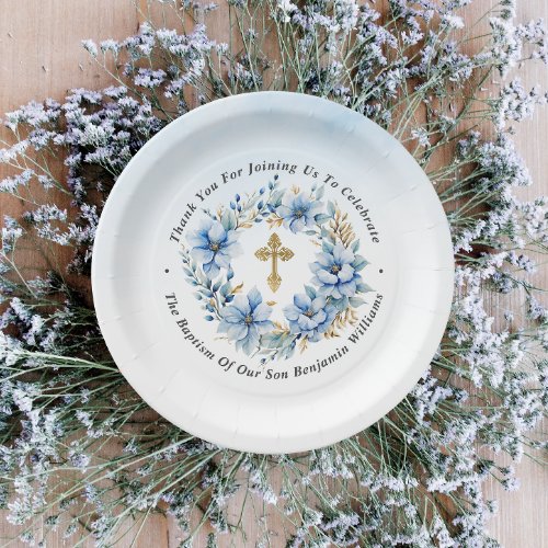 Gold  Blue Watercolor Floral Boy Baptism  Paper Plates