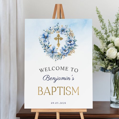 Gold  Blue Watercolor Floral Boy Baptism Welcome Foam Board