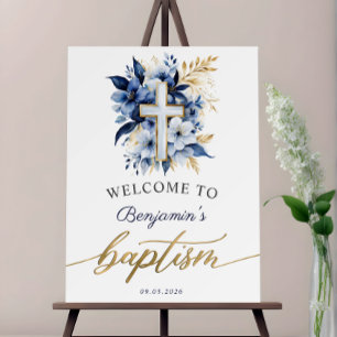 Gold & Blue Watercolor Floral Boy Baptism Welcome Foam Board