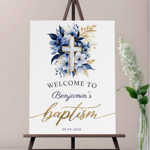 Gold  Blue Watercolor Floral Boy Baptism Welcome Foam Board