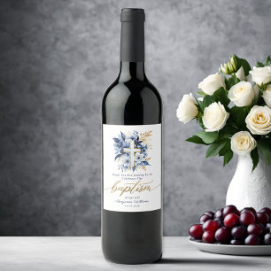 Gold & Blue Watercolor Floral Boy Baptism Wine Label