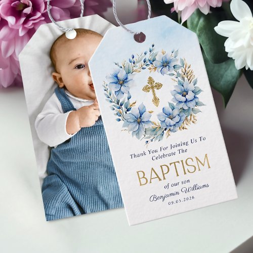 Gold  Blue Watercolor Floral Photo Boy Baptism  Gift Tags