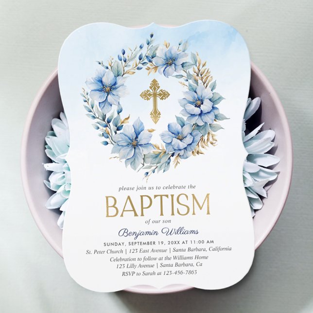 Gold & Blue Watercolor Floral Photo Boy Baptism  Invitation (Creator Uploaded)