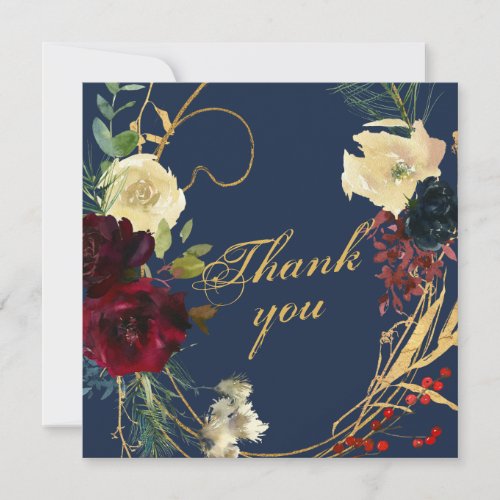 Gold Blue Watercolor Floral Roses Wreath Wedding Thank You Card