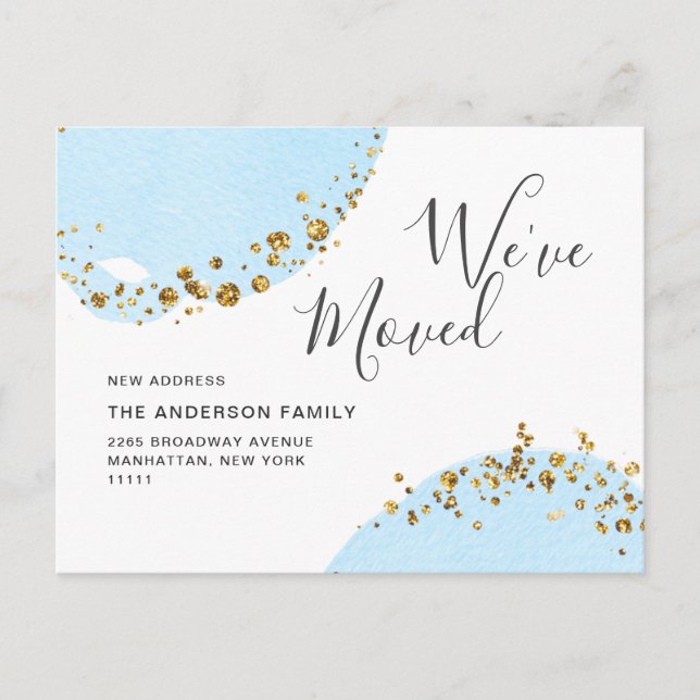 Gold Blue Watercolor Moving Announcement Postcard (Front)