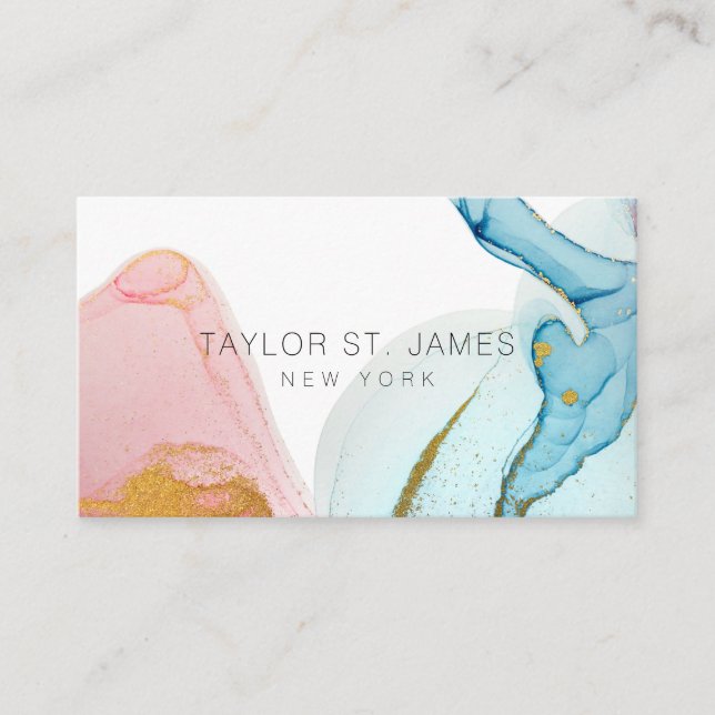 Gold Blue Watercolor Painting Splatter Business Ca Card (Front)
