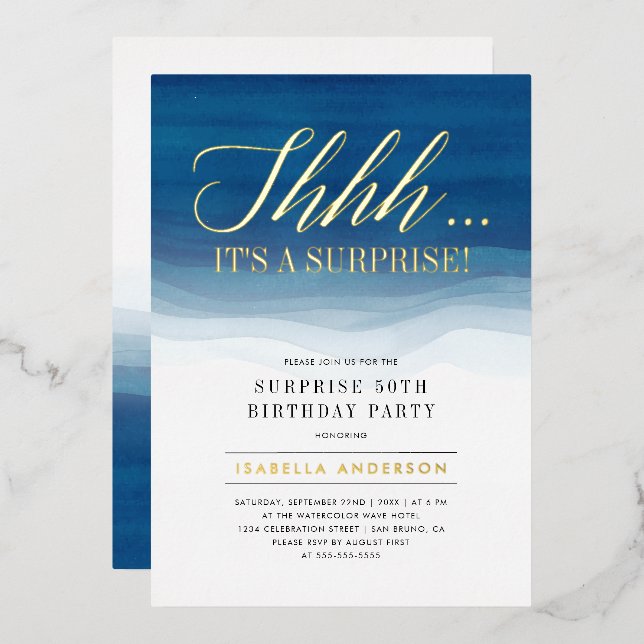 Gold & Blue Watercolor Surprise Birthday Foil Invitation (Front/Back)