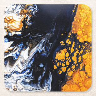 Gold, Blue & White Acrylic Painting Abstract Art  Square Paper Coaster