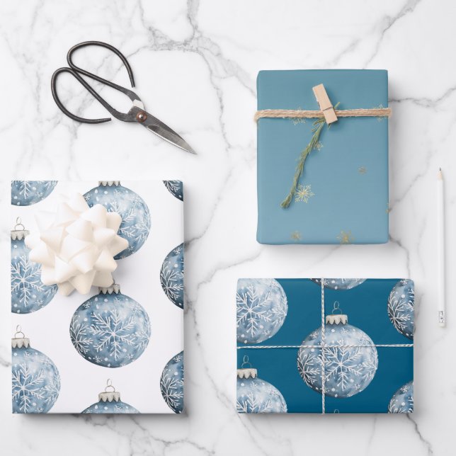 Gold Blue White Christmas Snowflakes Ornaments Wrapping Paper Sheets (Front)