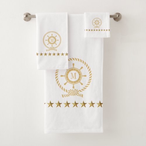 Gold Blue White Nautical Boat Wheel Knot Monogram Bath Towel Set