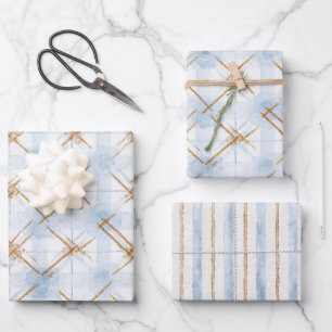 Gold Blue White Stripes Bridal Shower Wrapping Paper Sheets