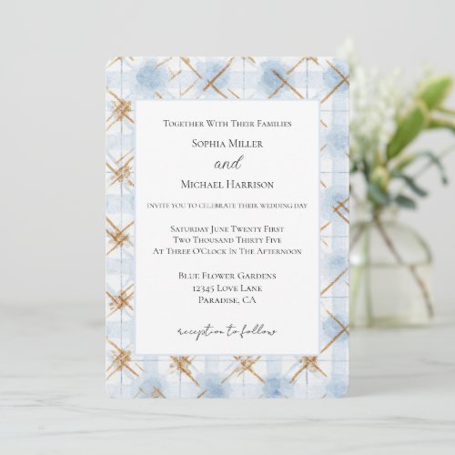 Gold Blue White Stripes Wedding Invitation