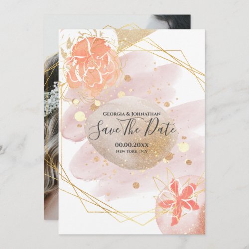 Gold blush abstract shape floral shimmer photo save the date