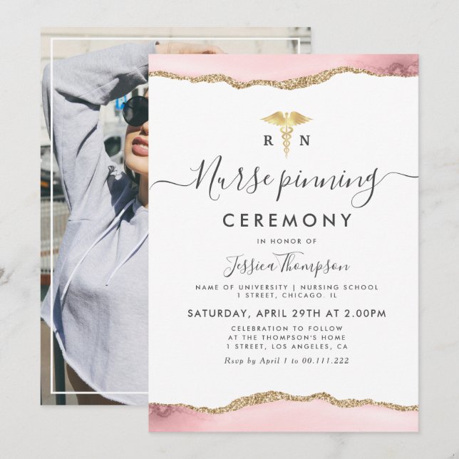 gold blush agate Nurse pinning ceremony Invitation (Front/Back)
