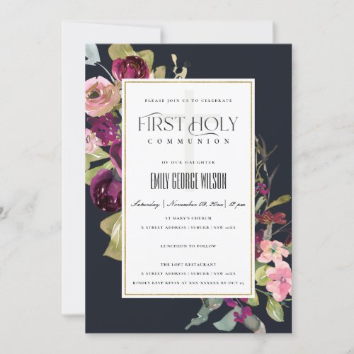 GOLD BLUSH BLACK RED FLORAL HOLY COMMUNION INVITE