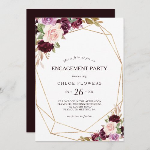 Gold Blush Burgundy Floral Engagement Party Invitation