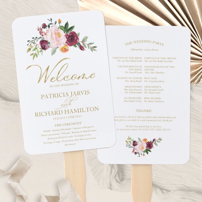 Gold Blush Burgundy Floral Wedding Program Hand Fan (Creator Uploaded)