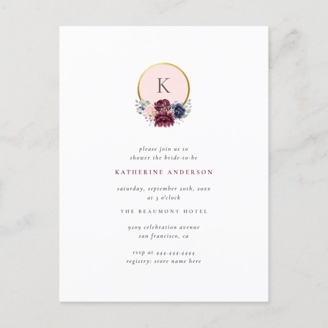 Gold Blush Burgundy & Navy Monogram Bridal Shower Invitation Postcard (Front)