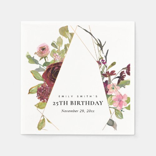 GOLD BLUSH BURGUNDY ROSE FLORAL ANY AGE BIRTHDAY NAPKINS