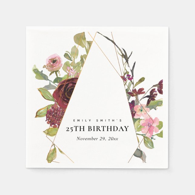 GOLD BLUSH BURGUNDY ROSE FLORAL ANY AGE BIRTHDAY NAPKINS (Front)