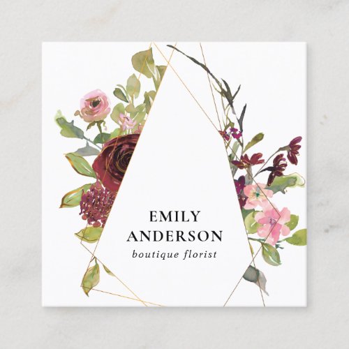 GOLD BLUSH BURGUNDY WATERCOLOR FLORAL FRAME SQUARE BUSINESS CARD