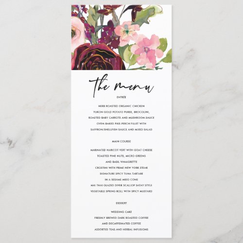 GOLD BLUSH BURGUNDY WATERCOLOR ROSE FLORAL MENU