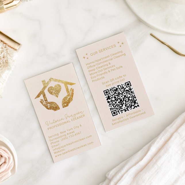 Gold Blush Cleaning Service Maid QR Code Logo Business Card (Gold Blush Cleaning Service Maid QR Code Logo Business Card)