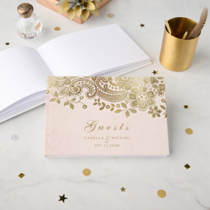 Gold blush elegant lace wedding guest book