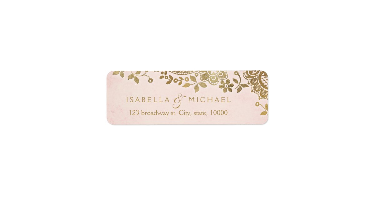 Gold blush elegant lace wedding return address label | Zazzle