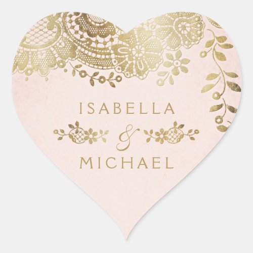 Gold blush elegant vintage lace wedding favor heart sticker