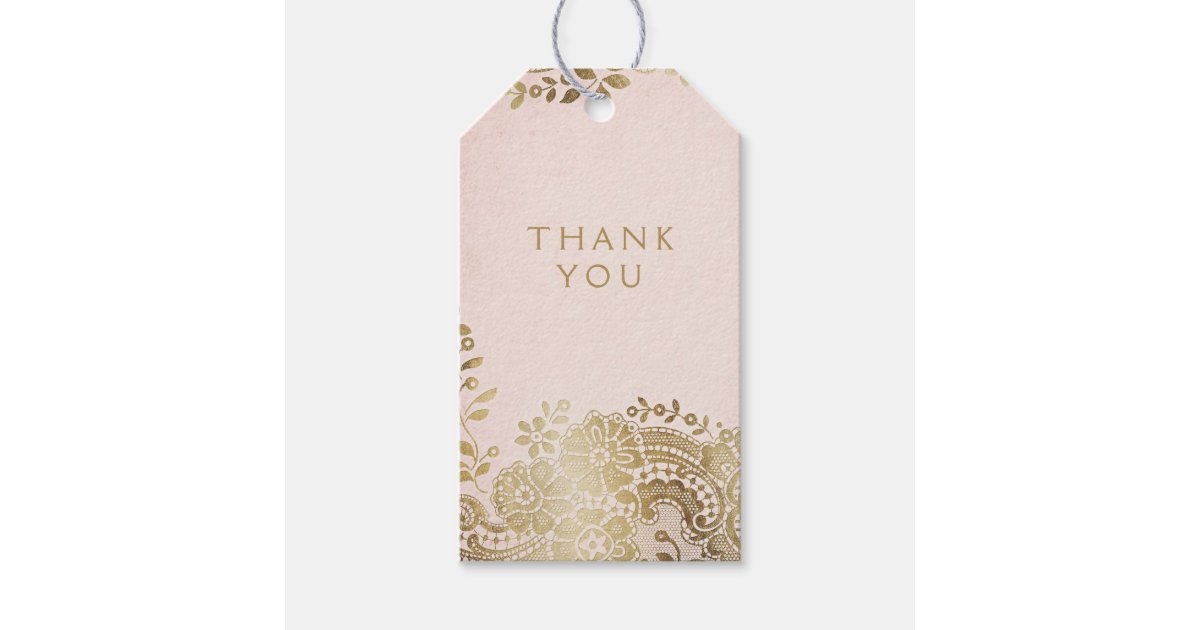 Gold blush elegant vintage lace wedding thank you gift tags | Zazzle