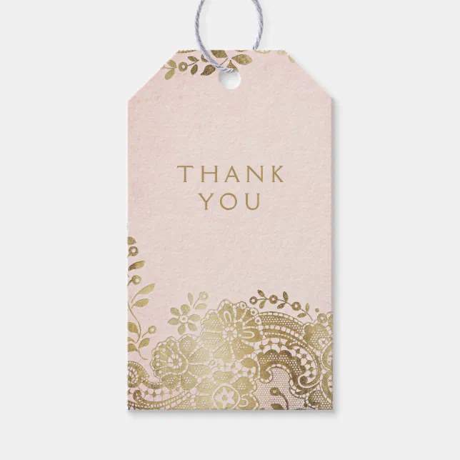 Gold blush elegant vintage lace wedding thank you gift tags | Zazzle